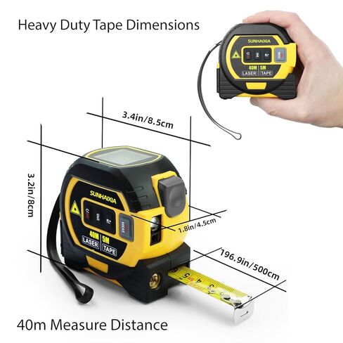 Laser Tape Measure 3-in-1 with Large LCD Display | Digital Laser Measurement Tool in/ft/m Scales up to 131ft/40M with calculations | Tape Measure 16ft/5M and Cross Line Laser Yellow in Saudi Arabia
