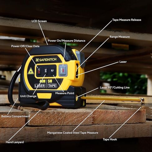 Laser Tape Measure 3-in-1 with Large LCD Display | Digital Laser Measurement Tool in/ft/m Scales up to 131ft/40M with calculations | Tape Measure 16ft/5M and Cross Line Laser Yellow in Saudi Arabia