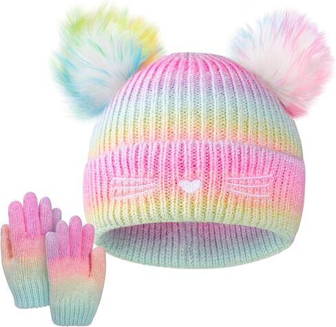 Kids Winter Knit Hat Cat Embroidery Beanie Hat Gloves Set with Double Pompom for Girls 3-14 Years in Saudi Arabia