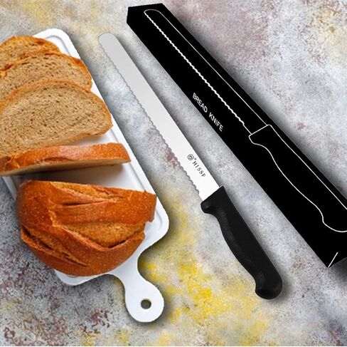 Serrated Bread Knife With Sheath 10 Inch, Black Upgraded Stainless Steel Razor Sharp Wavy Edge Wide Bread Cutter, For Slicing Homemade Bread, Bagels, Cake,Dishwasher Safe in Saudi Arabia