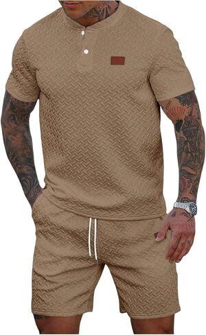 VIPWOLF Men's Two Piece Textured Set Short Sleeve Henley Shirt & Drawstring Track Shorts Outdoor Golf Outfits in Saudi Arabia
