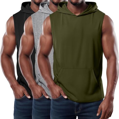 مجموعة من 3 قمصان بدون أكمام بغطاء رأس للتمرين للرجال، قمصان بقلنسوة لصالة الألعاب الرياضية وكمال الأجسام والعضلات in Kuwait
