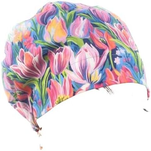 European Style Scrub Cap - No Ribbon – Evening Tulips in Vivid - Scrub Hat for Women & Men tie Back | Working Cap with Holder. Scrub Hats for Women, Nurses Hats | Dr. Hats in Saudi Arabia
