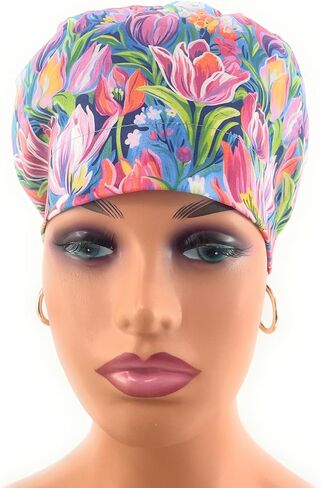 European Style Scrub Cap - No Ribbon – Evening Tulips in Vivid - Scrub Hat for Women & Men tie Back | Working Cap with Holder. Scrub Hats for Women, Nurses Hats | Dr. Hats in Saudi Arabia