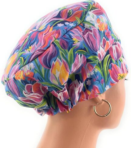 European Style Scrub Cap - No Ribbon – Evening Tulips in Vivid - Scrub Hat for Women & Men tie Back | Working Cap with Holder. Scrub Hats for Women, Nurses Hats | Dr. Hats in Saudi Arabia