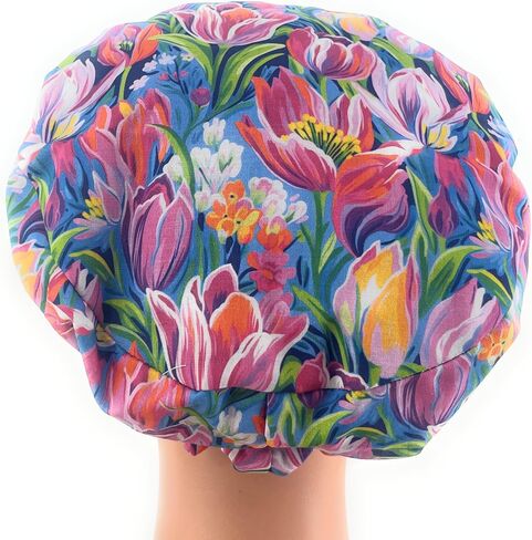 European Style Scrub Cap - No Ribbon – Evening Tulips in Vivid - Scrub Hat for Women & Men tie Back | Working Cap with Holder. Scrub Hats for Women, Nurses Hats | Dr. Hats in Saudi Arabia