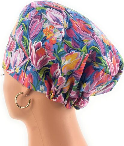 European Style Scrub Cap - No Ribbon – Evening Tulips in Vivid - Scrub Hat for Women & Men tie Back | Working Cap with Holder. Scrub Hats for Women, Nurses Hats | Dr. Hats in Saudi Arabia