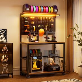 3D Printer Stand with Filament Storage Workstation, Large Mobile 3D Printer Workbench with AC/USB Power Hub and LED Lights, Heavy Duty Printer Desk with Pegboard for Studio Garage,Brown,Big in Saudi Arabia