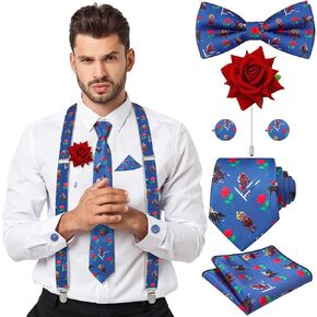 Ramede 6 Pcs African Print Cloth Kente Bowtie Set for Men Kente Pre-tied Bowtie Necktie Pocket Square Suspenders Boutonniere Pin Cufflinks African Attire Accessories for Kwanzaa Christmas in Saudi Arabia