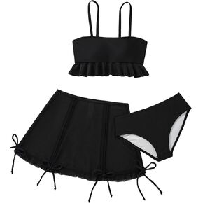 Girls 3 Piece Bathing Suit Set, Ruffle Cami Tankini Top with Swim Skirt and Bikini Bottom, Girls Swimwear for Beach,Ages 7-16 in Saudi Arabia