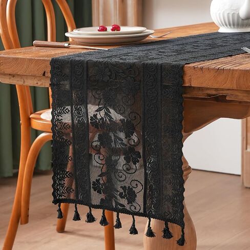 Black Lace Table Runner Flower Boho Table Runner with Tassels Vintage Rustic Christmas Runners for Dining Home Table Setting Decor(12x73 inch,Tassel Included) in Saudi Arabia
