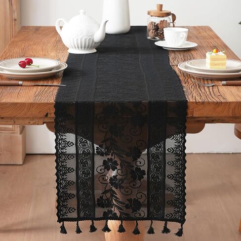 Black Lace Table Runner Flower Boho Table Runner with Tassels Vintage Rustic Christmas Runners for Dining Home Table Setting Decor(12x73 inch,Tassel Included) in Saudi Arabia
