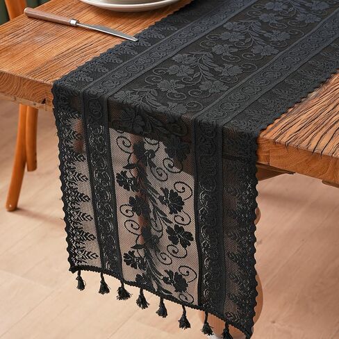 Black Lace Table Runner Flower Boho Table Runner with Tassels Vintage Rustic Christmas Runners for Dining Home Table Setting Decor(12x73 inch,Tassel Included) in Saudi Arabia