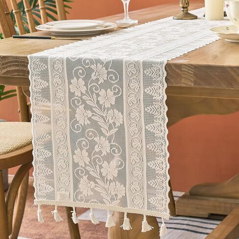 Black Lace Table Runner Flower Boho Table Runner with Tassels Vintage Rustic Christmas Runners for Dining Home Table Setting Decor(12x73 inch,Tassel Included) in Saudi Arabia