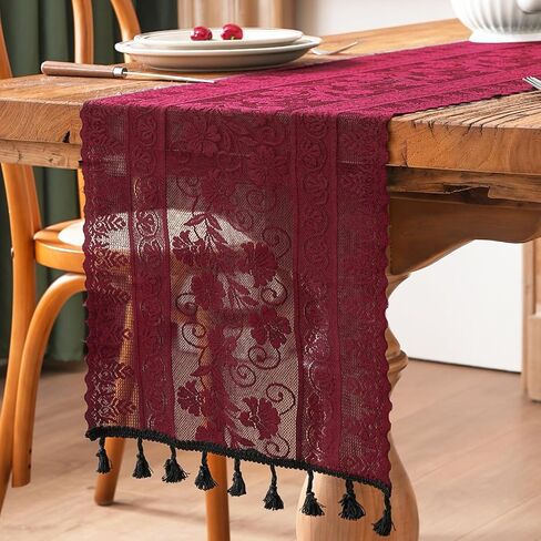 Black Lace Table Runner Flower Boho Table Runner with Tassels Vintage Rustic Christmas Runners for Dining Home Table Setting Decor(12x73 inch,Tassel Included) in Saudi Arabia