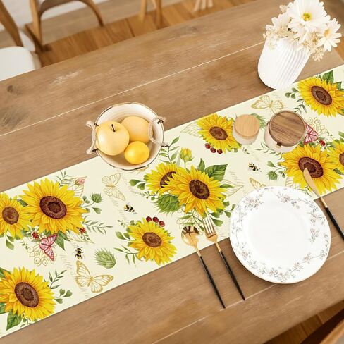 مفرش طاولة عباد الشمس مع فراشات ونحل، تصميم زهور Hello Sunshine، مقاس 72 × 13 بوصة in Kuwait