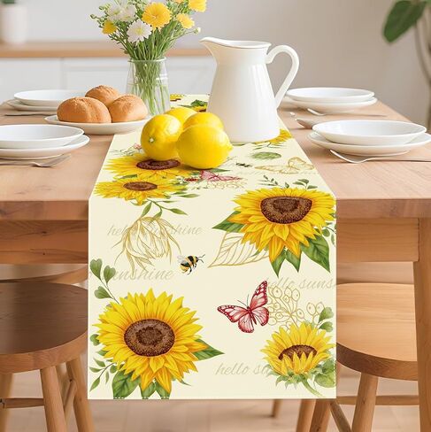 مفرش طاولة عباد الشمس مع فراشات ونحل، تصميم زهور Hello Sunshine، مقاس 72 × 13 بوصة in Kuwait