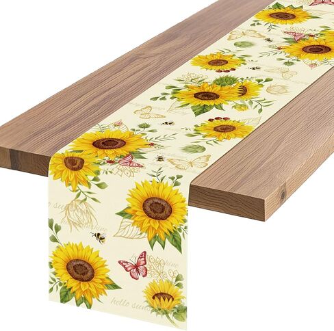 مفرش طاولة عباد الشمس مع فراشات ونحل، تصميم زهور Hello Sunshine، مقاس 72 × 13 بوصة in Kuwait