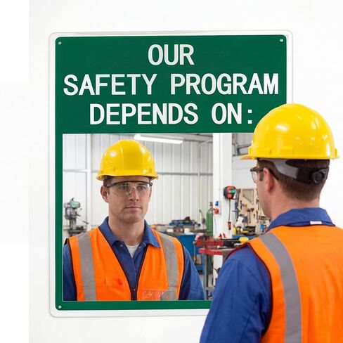 Safety Mirror Sign for Workplace - "Our Safety Program Depends on You" Industrial Workplace Message Sign with Acrylic Mirror, Wall Mounted 16" x 19" in Saudi Arabia