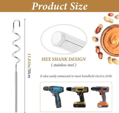 Peanut Butter Stirrer Tool, Stainless Steel Drill Nut Butter Stirrer, Fast Mixing Stirrer Utensil Hand Mixer Electric Attachment for Mixing Various Peanut Butte-r Jam(COLOR:Silver) in Saudi Arabia