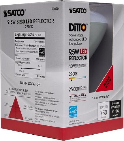 Satco S9620 9.5 Watt BR30 LED Reflector Light Bulbs - 65W Equivalent - 2700K Warm White - 105 deg. Beam Angle - E26 Medium Base - Dimmable - 120 Volt - 25,000 Hours (6 Pack) in Saudi Arabia