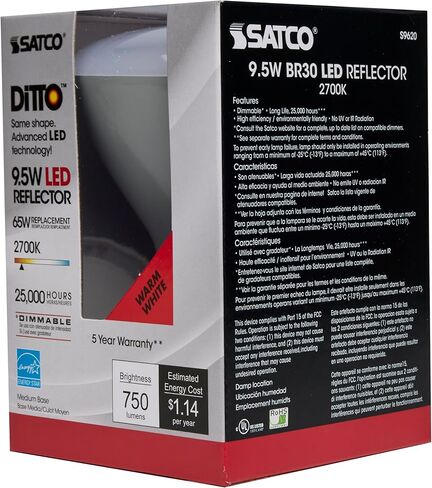 Satco S9620 9.5 Watt BR30 LED Reflector Light Bulbs - 65W Equivalent - 2700K Warm White - 105 deg. Beam Angle - E26 Medium Base - Dimmable - 120 Volt - 25,000 Hours (6 Pack) in Saudi Arabia