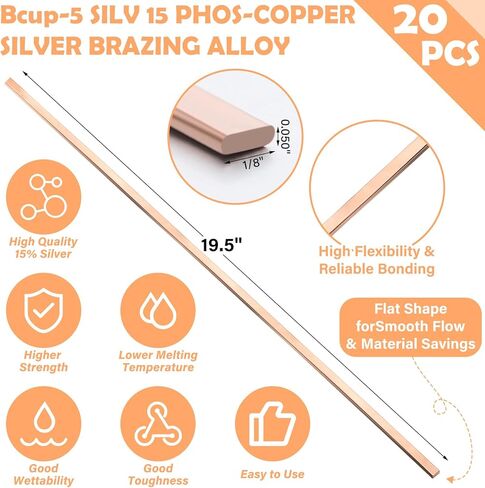 Therwen 20 عصا فضية 15 قضبان لحام Aws Bcup-5 0.050 بوصة × 1/8 بوصة × 19.5 بوصة لحام فضي من سبائك النحاس النحاسية صناعة قضبان اللحام المسطحة لوحدات تكييف الهواء والثلاجة والتهوية وتكييف الهواء (كلاسيكي) in Saudi Arabia