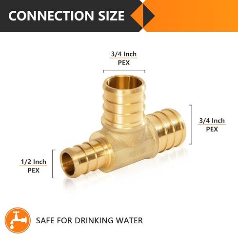 10-Pack HeSun PEX Fittings, 3/4"x1/2" x3/4" Pex Tee, Brass Crimp Fitting for ASTM F1807(PEX1807084) in Saudi Arabia
