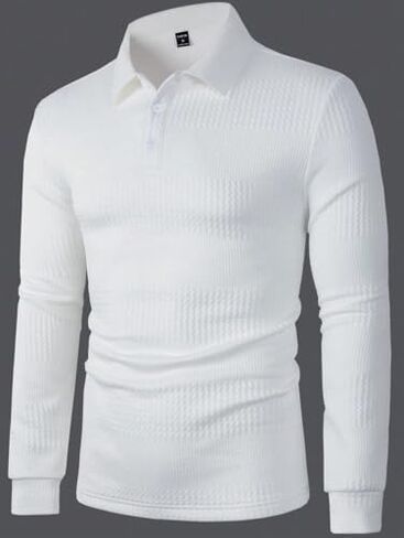 Men's Fall Long Sleeve Polo Shirts, European Size American Style Casual Waffle Knit Polo Shirts for Sports, Fitness & Daily Wear White in Saudi Arabia