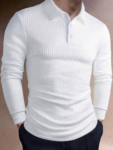 Men's Fall Long Sleeve Polo Shirts, European Size American Style Casual Waffle Knit Polo Shirts for Sports, Fitness & Daily Wear White in Saudi Arabia