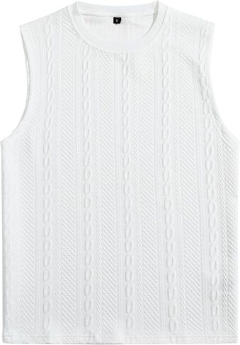 Men's Sleeveless Muscle Tee - Elegant Vertical Cable Knit & Ripple Texture Jacquard Shirt - Breathable White Top in Saudi Arabia