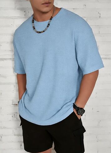 Men's Textured Crew Neck T Shirts Short Sleeve Oversized Waffle Knit Tops Lightweight Breathable Tees in Saudi Arabia