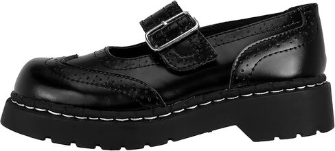 T.U.K. Women's Brogue Mary Jane Flat Shoes – Black Leather, Vintage Style, Wingtip Detailing, Adjustable Buckle Strap, Cushioned Insole, Sturdy Sole, Low Heel, Comfortable Fit, Vegan in Saudi Arabia