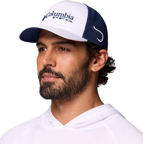 Columbia Unisex PFG Logo Mesh Ball Cap, White/Carbon/PFG Stacked Logo, S/M in Saudi Arabia