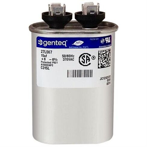 Trane CPT00180 / CPT-0180 - 15 uF MFD x 370 VAC Genteq Replacement Capacitor Oval # C315L / 27L567 in Saudi Arabia