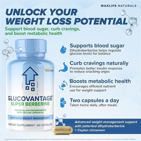 MAXLIFE NATURALS Dihydroberberine Glucovantage ® Super Berberine 250mg + Ceylon Cinnamon 200mg 60 Capsules – Cardiovascular & GLP-1 Health Supplement Patented Gluco Vantage in Saudi Arabia