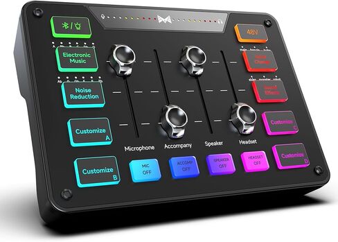MAILANGSHI Gaming Audio Mixer, Audio Interface with XLR Microphone Input, Noise Reduction, RGB, Bluetooth, 48V Phantom Power, Voice Changer, Sound Board for Podcast/Recording/Streaming/Vocal/Game in Saudi Arabia