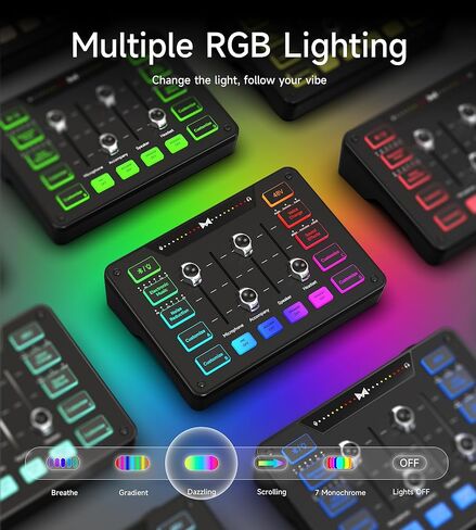 MAILANGSHI Gaming Audio Mixer, Audio Interface with XLR Microphone Input, Noise Reduction, RGB, Bluetooth, 48V Phantom Power, Voice Changer, Sound Board for Podcast/Recording/Streaming/Vocal/Game in Saudi Arabia