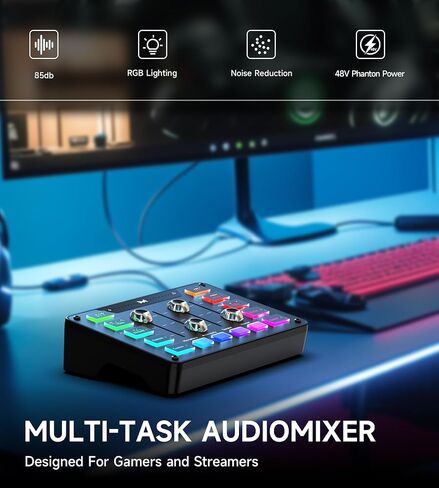MAILANGSHI Gaming Audio Mixer, Audio Interface with XLR Microphone Input, Noise Reduction, RGB, Bluetooth, 48V Phantom Power, Voice Changer, Sound Board for Podcast/Recording/Streaming/Vocal/Game in Saudi Arabia