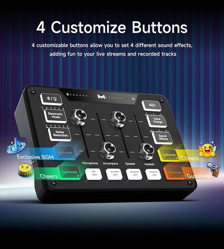 MAILANGSHI Gaming Audio Mixer, Audio Interface with XLR Microphone Input, Noise Reduction, RGB, Bluetooth, 48V Phantom Power, Voice Changer, Sound Board for Podcast/Recording/Streaming/Vocal/Game in Saudi Arabia