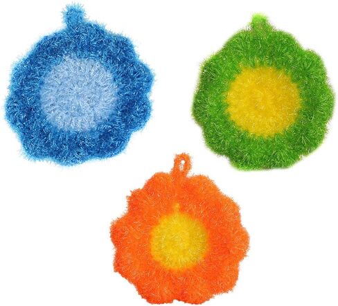 KALLORY 3Pcs Cute Flower Dish Scrubbers for Kitchen Korean Style Handmade Crochet Scouring Pads Non-Scratch Dish Sponges for Dishwashing Aesthetic Sink Decor Cleaning Puff in Saudi Arabia