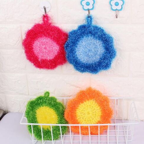 KALLORY 3Pcs Cute Flower Dish Scrubbers for Kitchen Korean Style Handmade Crochet Scouring Pads Non-Scratch Dish Sponges for Dishwashing Aesthetic Sink Decor Cleaning Puff in Saudi Arabia
