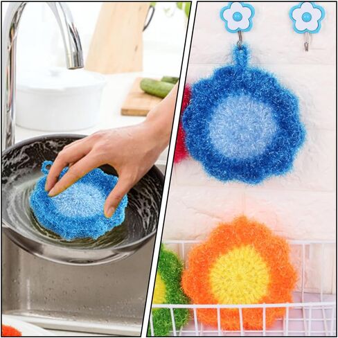 KALLORY 3Pcs Cute Flower Dish Scrubbers for Kitchen Korean Style Handmade Crochet Scouring Pads Non-Scratch Dish Sponges for Dishwashing Aesthetic Sink Decor Cleaning Puff in Saudi Arabia