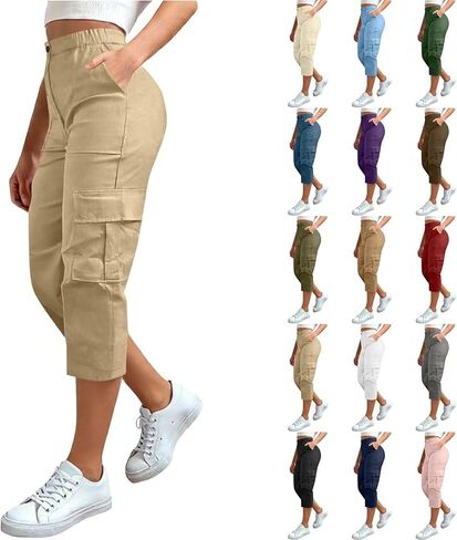 Capri Cargo Pants for Women Plus Size High Waisted Stretch Capris with Pockets Summer Hiking Cargo Cropped Pants in Saudi Arabia