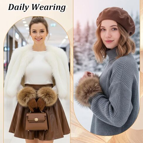 Women's Faux Fur Wrist Cuffs Fluffy Winter Arm Warmers Furry Wristbands Snow Costume Accessories for Cold Weather in Saudi Arabia