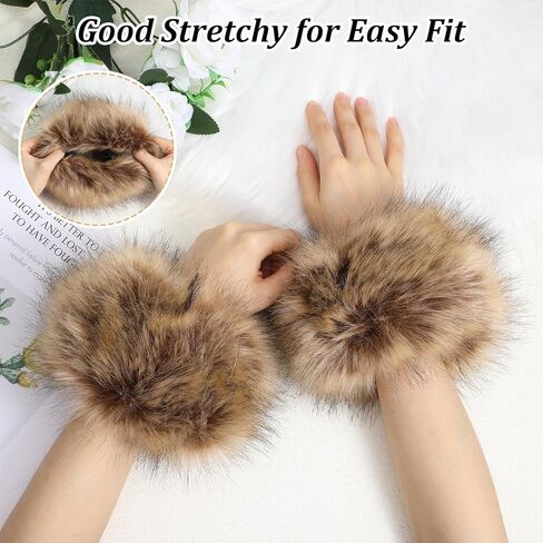 Women's Faux Fur Wrist Cuffs Fluffy Winter Arm Warmers Furry Wristbands Snow Costume Accessories for Cold Weather in Saudi Arabia