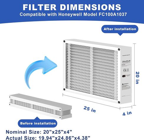 2 حزمة استبدال فلتر الهواء 20x25x4 متوافق مع هانيويل FC100A1037 مطوي HVAC، مرشح فرن MERV 13، تصميم قابل للطي (الحجم الفعلي: 19.94 × 24.88 × 4.38 بوصة) in Kuwait
