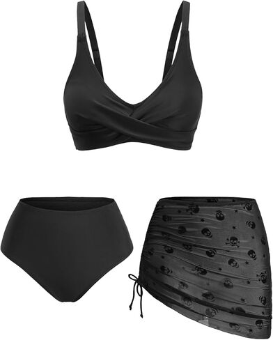 DRESSFO Women's High Waisted Bikini Sets with Cover Up Skirt 3 Piece Gothic Skull Swimsuit Padded Tummy Control Bathing Suit in Saudi Arabia