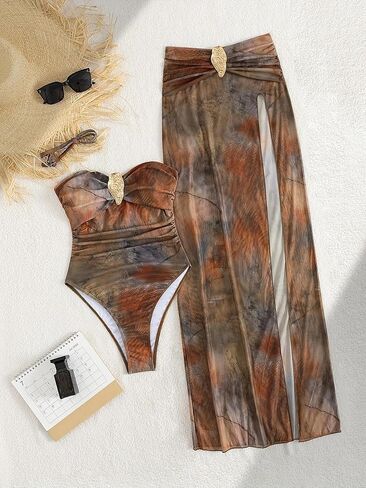 Women's 2-Piece Tie Dye One Piece Swimsuit Set, Bandeau Ruched Bathing Suit with Maxi Skirt Cover Up in Saudi Arabia