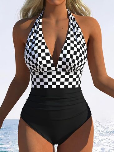 Womens One Piece Swimsuit Checkerboard Print Halter Neck Ruched Tummy Control Vacation Ready Beach Pool Party in Saudi Arabia
